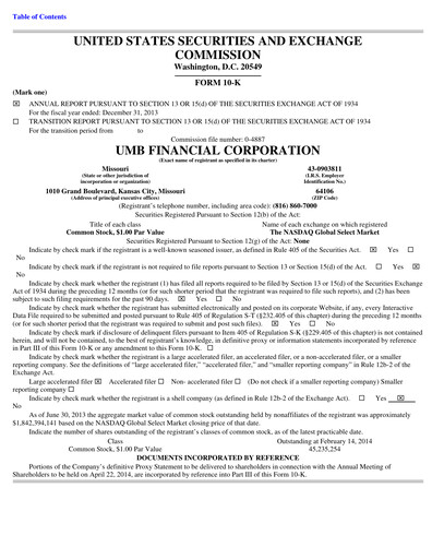 Thumbnail UMB Financial Annual Report 2013