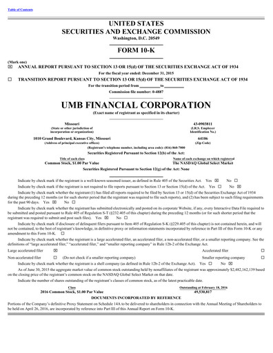 Thumbnail UMB Financial Annual Report 2015