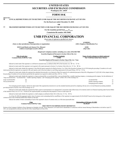 Thumbnail UMB Financial Annual Report 2020