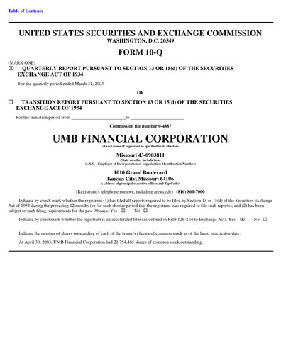 Thumbnail UMB Financial Quarterly Report 2003-q1