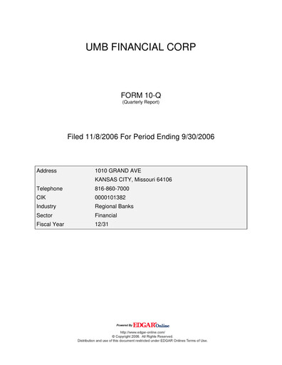 Thumbnail UMB Financial Quarterly Report 2006-q3