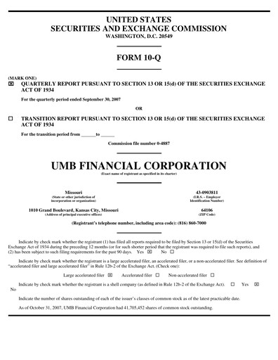 Thumbnail UMB Financial Quarterly Report 2007-q3