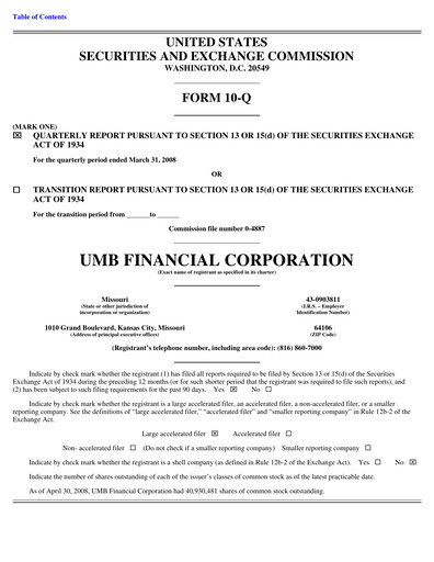 Thumbnail UMB Financial Quarterly Report 2008-q1