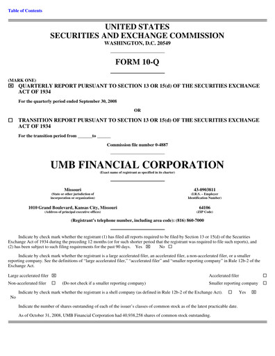Thumbnail UMB Financial Quarterly Report 2008-q3