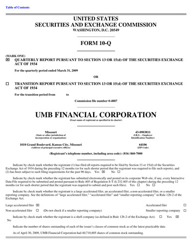 Thumbnail UMB Financial Quarterly Report 2009-q1