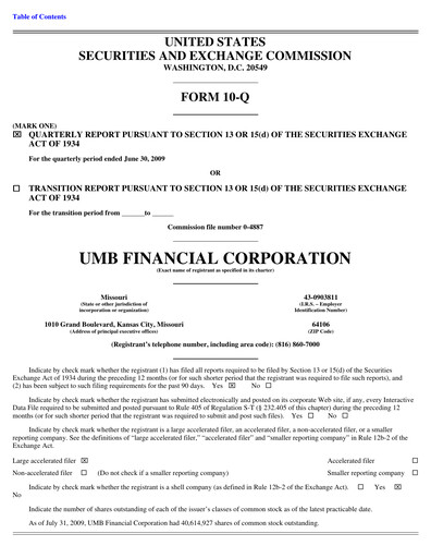 Thumbnail UMB Financial Quarterly Report 2009-q2