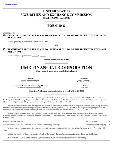Thumbnail UMB Financial Quarterly Report 2009-q3