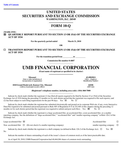 Thumbnail UMB Financial Quarterly Report 2010-q1