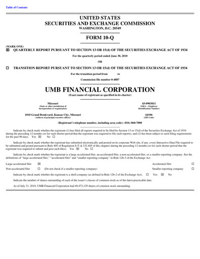 Thumbnail UMB Financial Quarterly Report 2010-q2