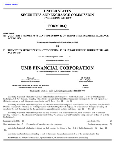 Thumbnail UMB Financial Quarterly Report 2010-q3