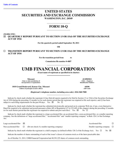 Thumbnail UMB Financial Quarterly Report 2011-q3