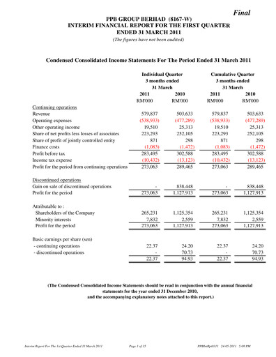 Thumbnail PPB Group Berhad Quarterly Report 2011-q1