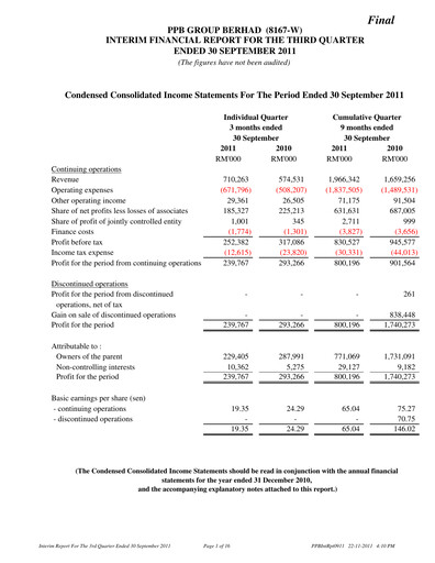 Thumbnail PPB Group Berhad Quarterly Report 2011-q3