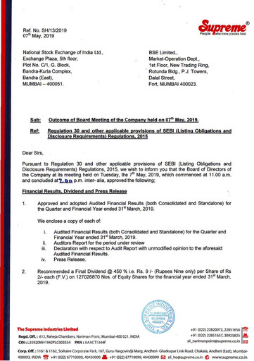 Thumbnail Supreme Industries
 Financial Statement 2018-2019