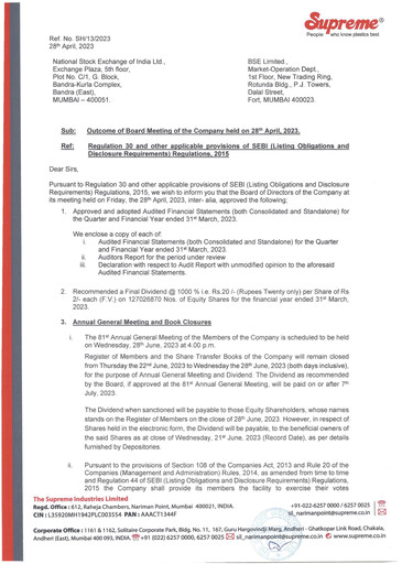 Thumbnail Supreme Industries
 Financial Statement 2022-2023