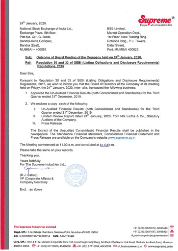Thumbnail Supreme Industries
 Quarterly Report 2019-q3