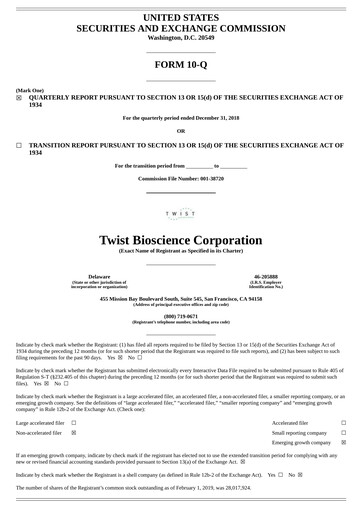 Thumbnail Twist Bioscience
 Quarterly Report 2019-q1