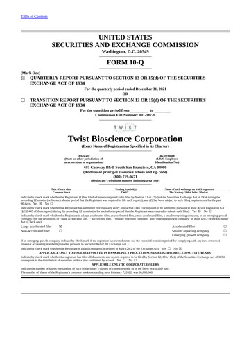 Thumbnail Twist Bioscience
 Quarterly Report 2022-q1