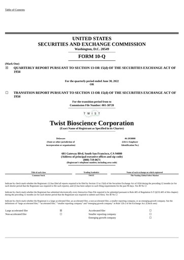 Thumbnail Twist Bioscience
 Quarterly Report 2022-q3