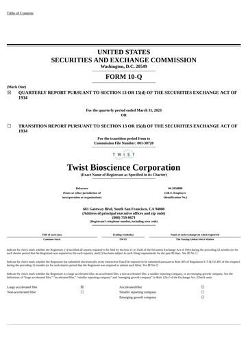 Thumbnail Twist Bioscience
 Quarterly Report 2023-q2