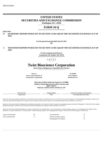 Thumbnail Twist Bioscience
 Quarterly Report 2023-q3