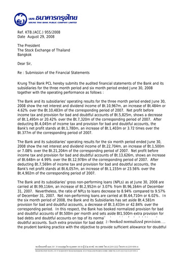 Thumbnail Krung Thai Bank Quarterly Report 2008-q2