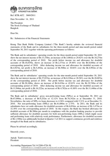 Thumbnail Krung Thai Bank Quarterly Report 2011-q3