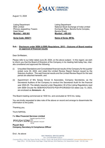 Thumbnail Max Financial Services
 Quarterly Report 2024-q1