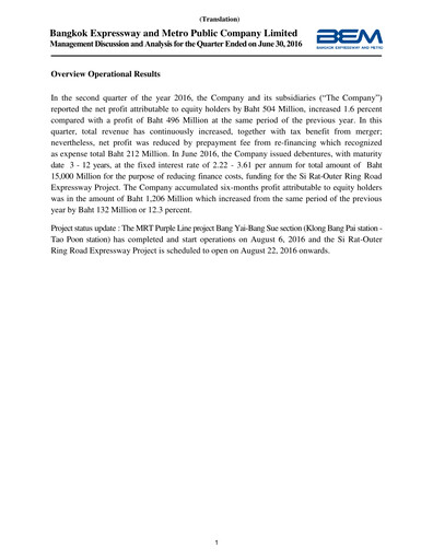Thumbnail Bangkok Expressway and Metro (BEM) Quarterly Report 2016-q2