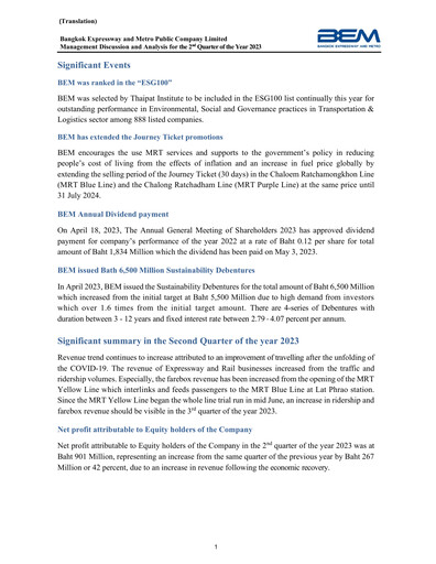 Thumbnail Bangkok Expressway and Metro (BEM) Quarterly Report 2023-q2