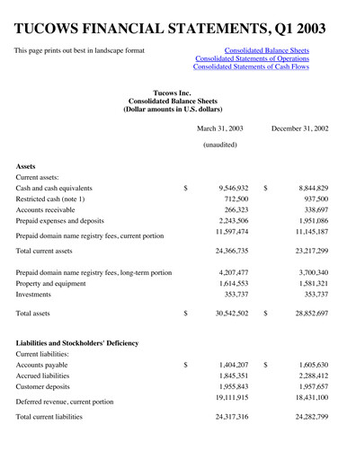Miniature Tucows Bilan financier 2003-q1