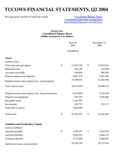 Miniature Tucows Bilan financier 2004-h1