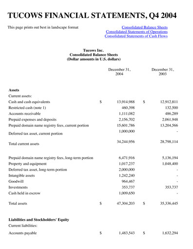 Miniature Tucows Bilan financier 2004