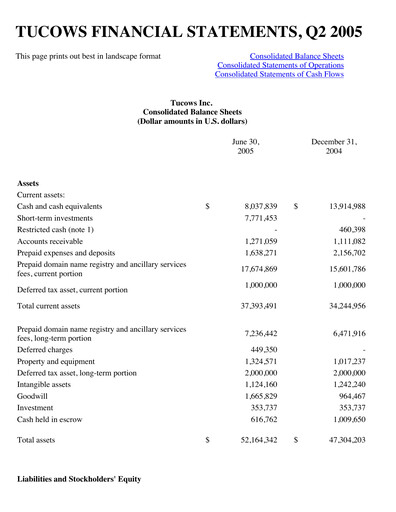 Miniature Tucows Bilan financier 2005-h1