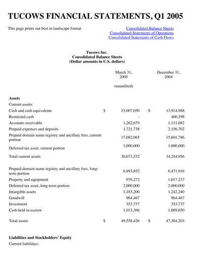 Miniature Tucows Bilan financier 2005-q1