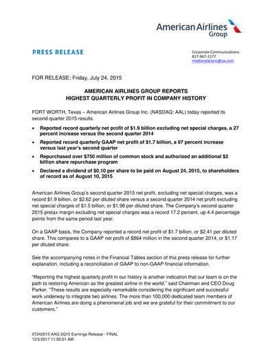 Vorschaubild American Airlines Quartalsbericht 2015-q2