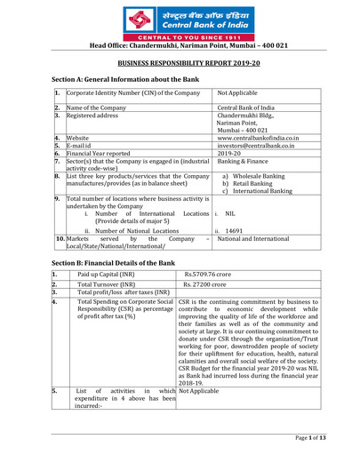 Thumbnail Central Bank of India ESG Report 2019-2020