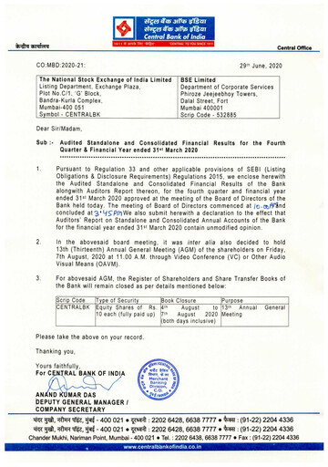 Miniature Central Bank of India Bilan financier 2019-2020