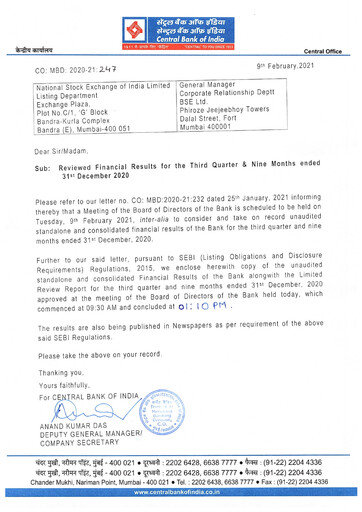 Miniature Central Bank of India Rapport trimestriel 2020-q3