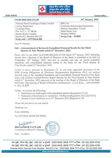 Miniature Central Bank of India Rapport trimestriel 2022-q3