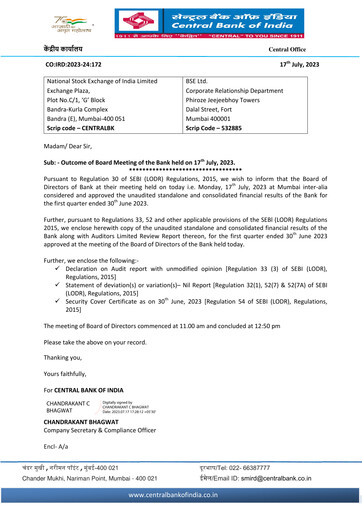 Miniature Central Bank of India Rapport trimestriel 2023-q1