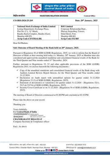 Miniature Central Bank of India Rapport trimestriel 2024-q3