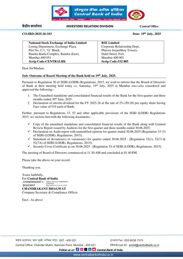 Miniature Central Bank of India Rapport trimestriel 2025-q1