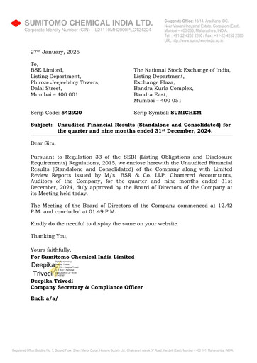 Thumbnail Sumitomo Chemical
 India Quarterly Report 2024-q3