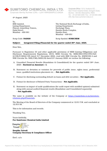 Thumbnail Sumitomo Chemical
 India Quarterly Report 2025-q1