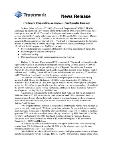 Vorschaubild Trustmark Quartalsbericht 2006-q3