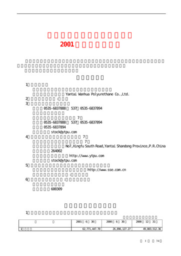 Thumbnail Wanhua Chemical Half-year Report 2001-h1