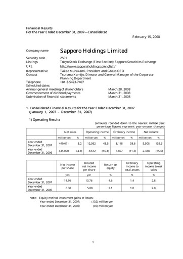 Thumbnail Sapporo Financial Statement 2007