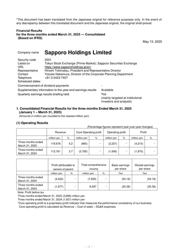 Thumbnail Sapporo Quarterly Report 2025-q1