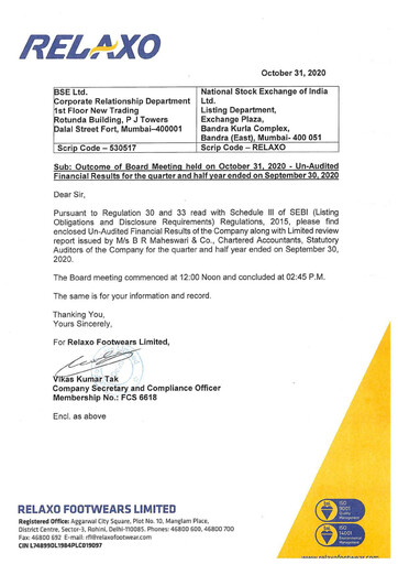 Thumbnail Relaxo Footwear Quarterly Report 2020-q2